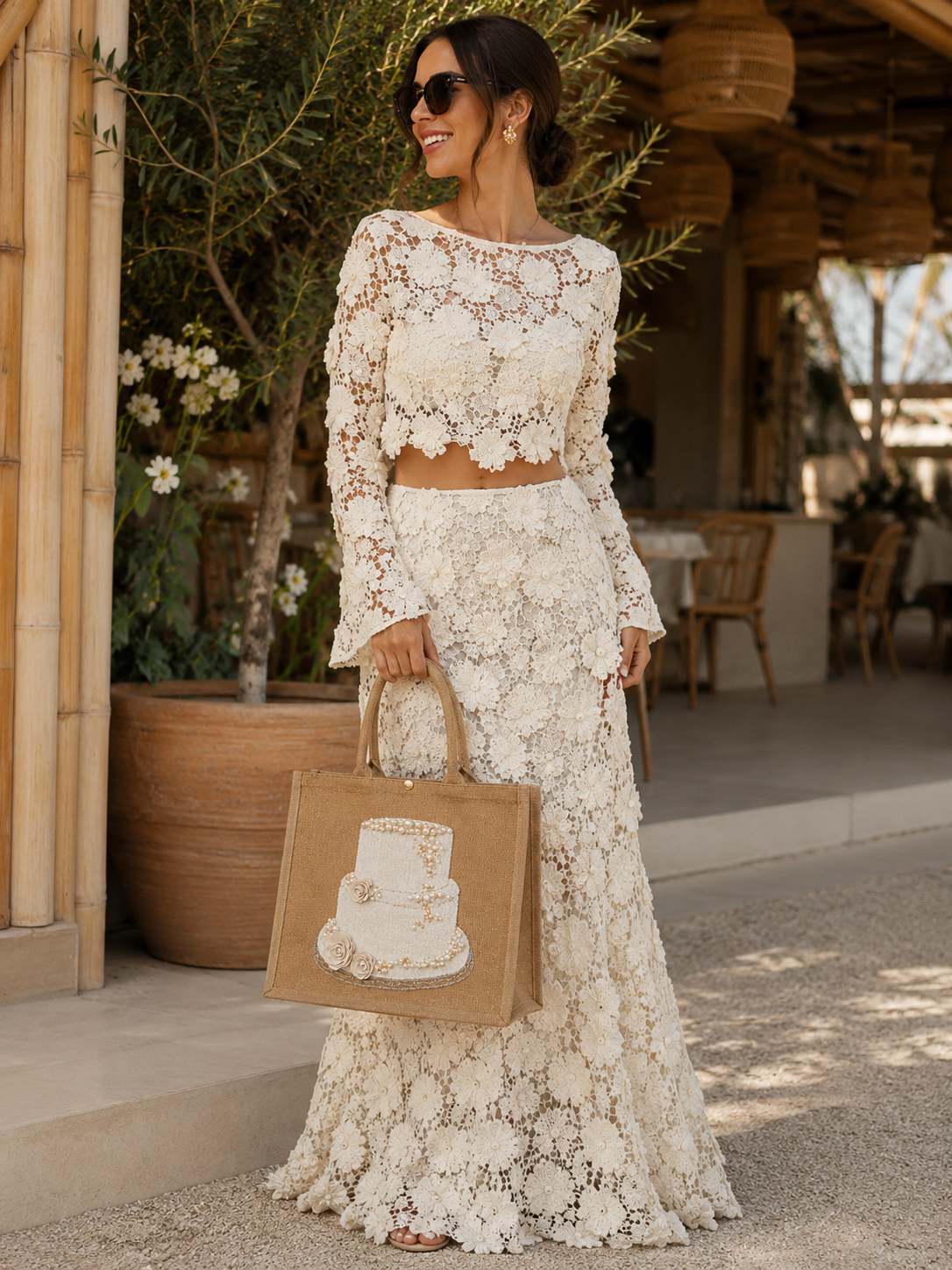 woman holding Hand-painted jute tote bag featuring an embellished three-tier white wedding cake design with pearl accents, floral details, and shimmering trim on a rich gold background.