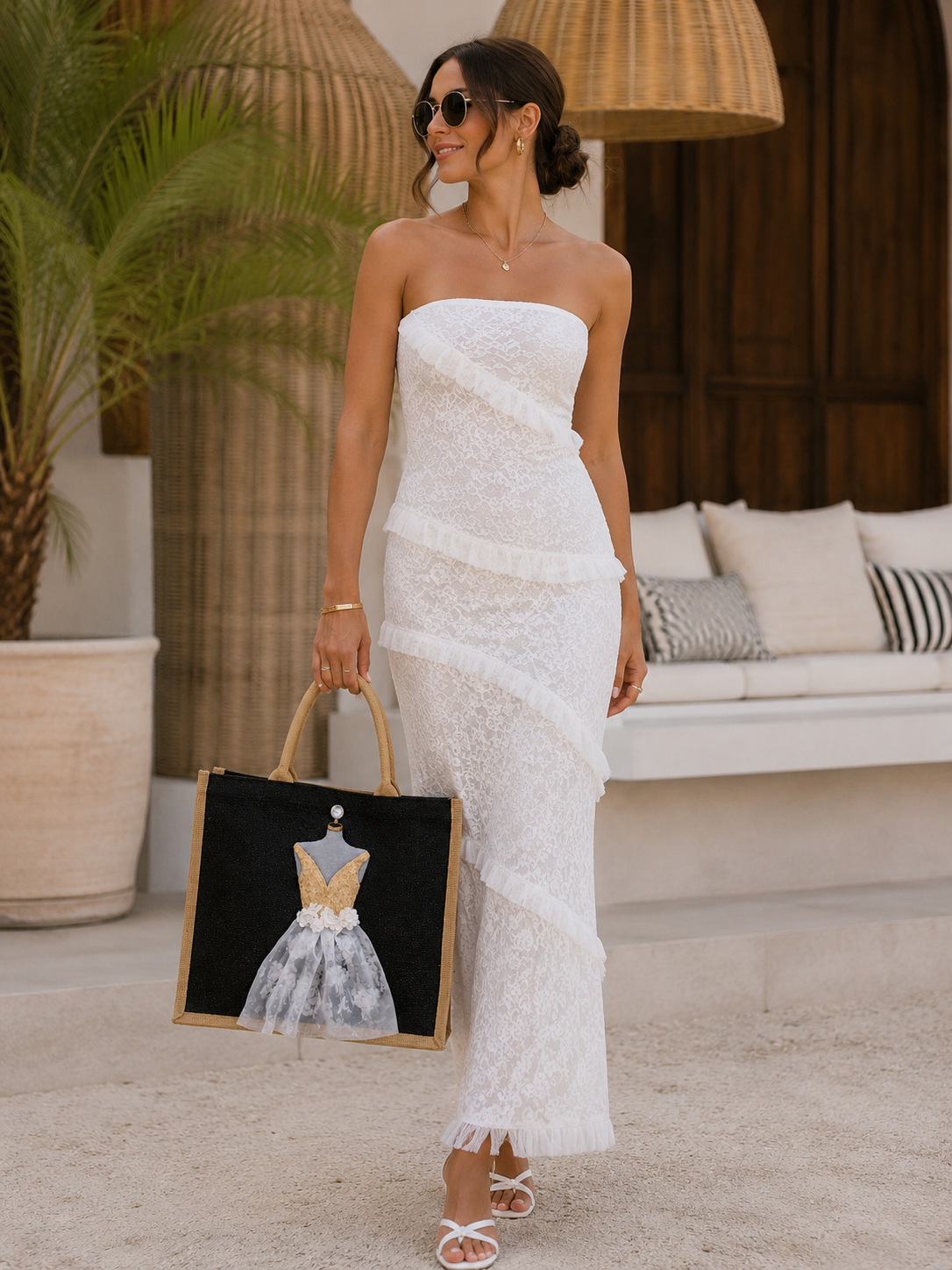 woman holding Hand-painted black jute tote bag featuring a dimensional embellished dress design in gold, ivory, and sheer floral fabric against a black background. Elegant bridal-inspired statement tote with textured mixed-media details, natural jute trim, double handles, and magnetic snap closure. Perfect for weddings, bridal showers, fashion lovers, and unique handmade gift giving.