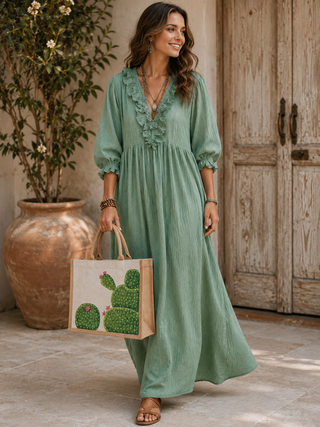 Woman holding Hand-painted cactus tote bag featuring whimsical green cactus designs with pink blooms on a natural canvas background, accented with jute trim and rounded padded handles against a neutral background.