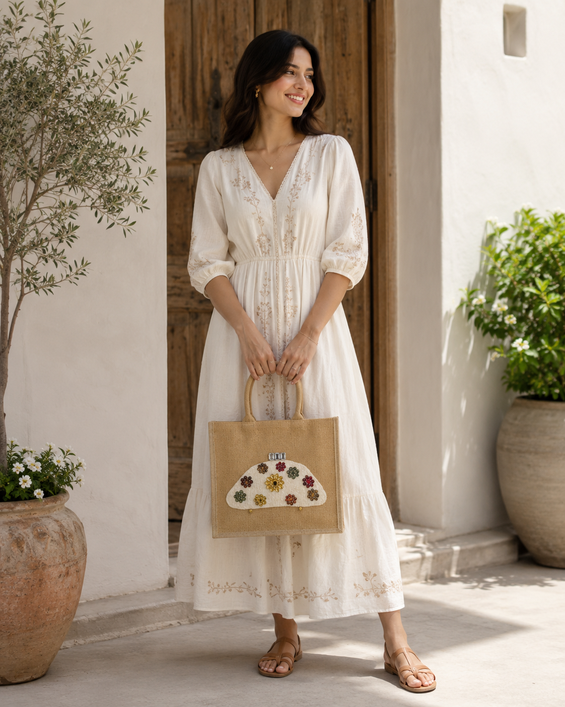 woman holding Hand-painted natural jute tote bag featuring a white half-moon purse design embellished with colorful jewel-like floral accents in gold, red, green, and amber tones. The structured tote has rounded woven handles and a neutral background, giving it an elegant artisan-inspired look.