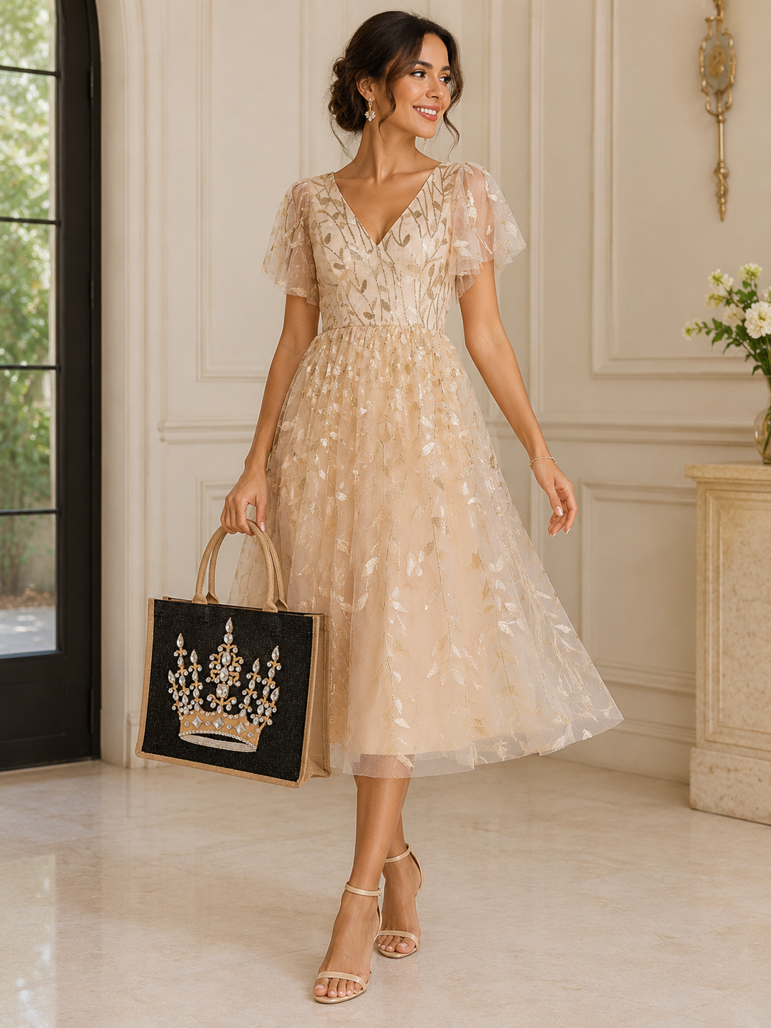 woman holding Hand-painted black jute tote bag featuring an ornate gold crown design embellished with sparkling rhinestones and crystal accents, finished with natural burlap handles and trim.