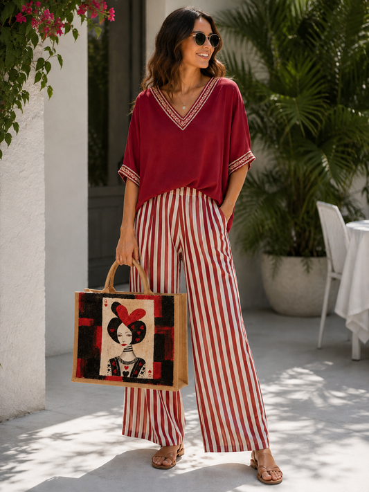 Woman holding Hand-painted jute tote bag featuring a stylish Queen of Hearts illustration in black, red, and cream tones, accented with card suit details and natural burlap handles.
