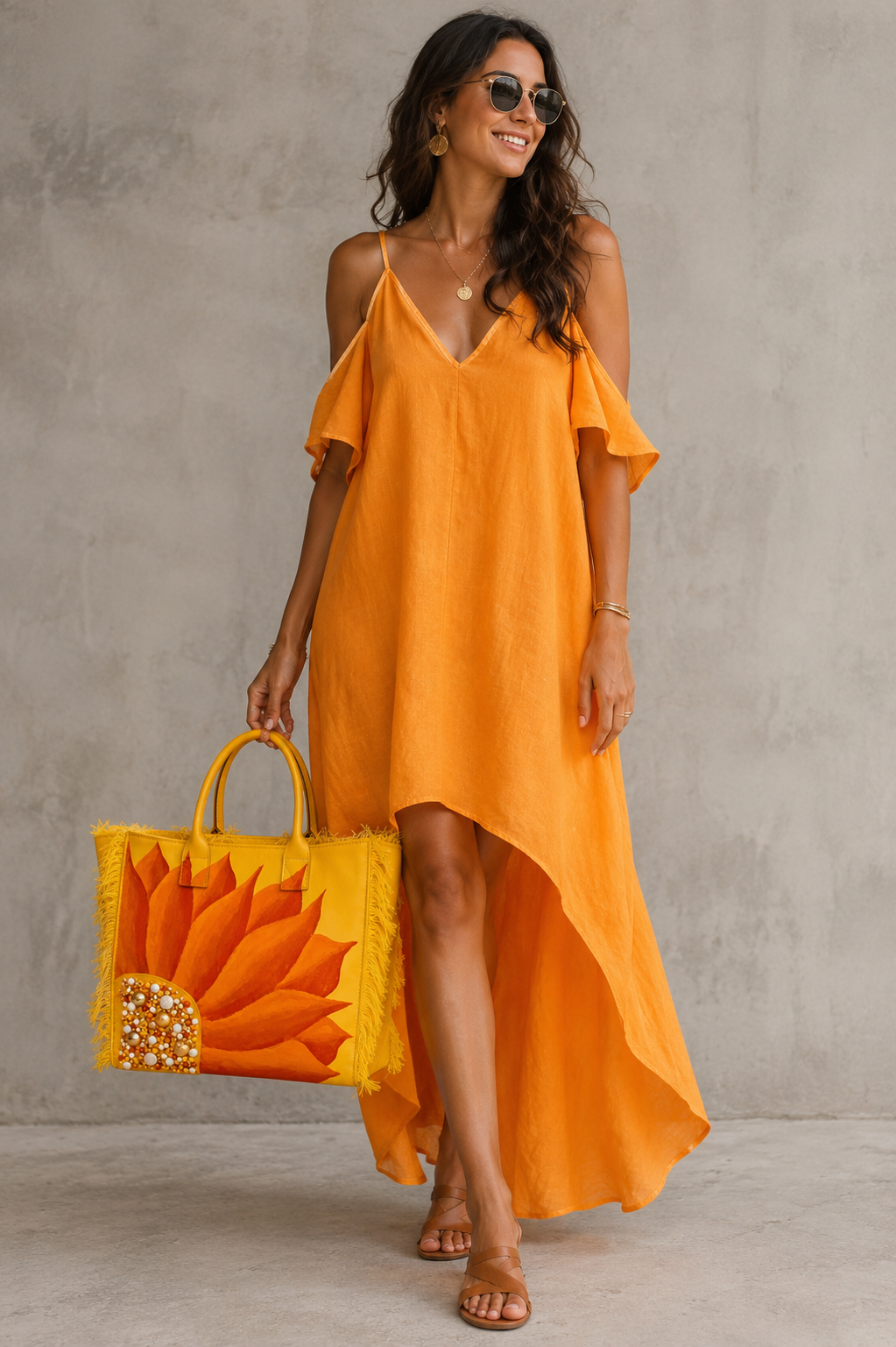 woman holding Hand-painted yellow fringed tote bag featuring a bold sunflower design in vibrant orange and red tones, accented with pearl and gold embellishments on the flower center, displayed against a neutral background.