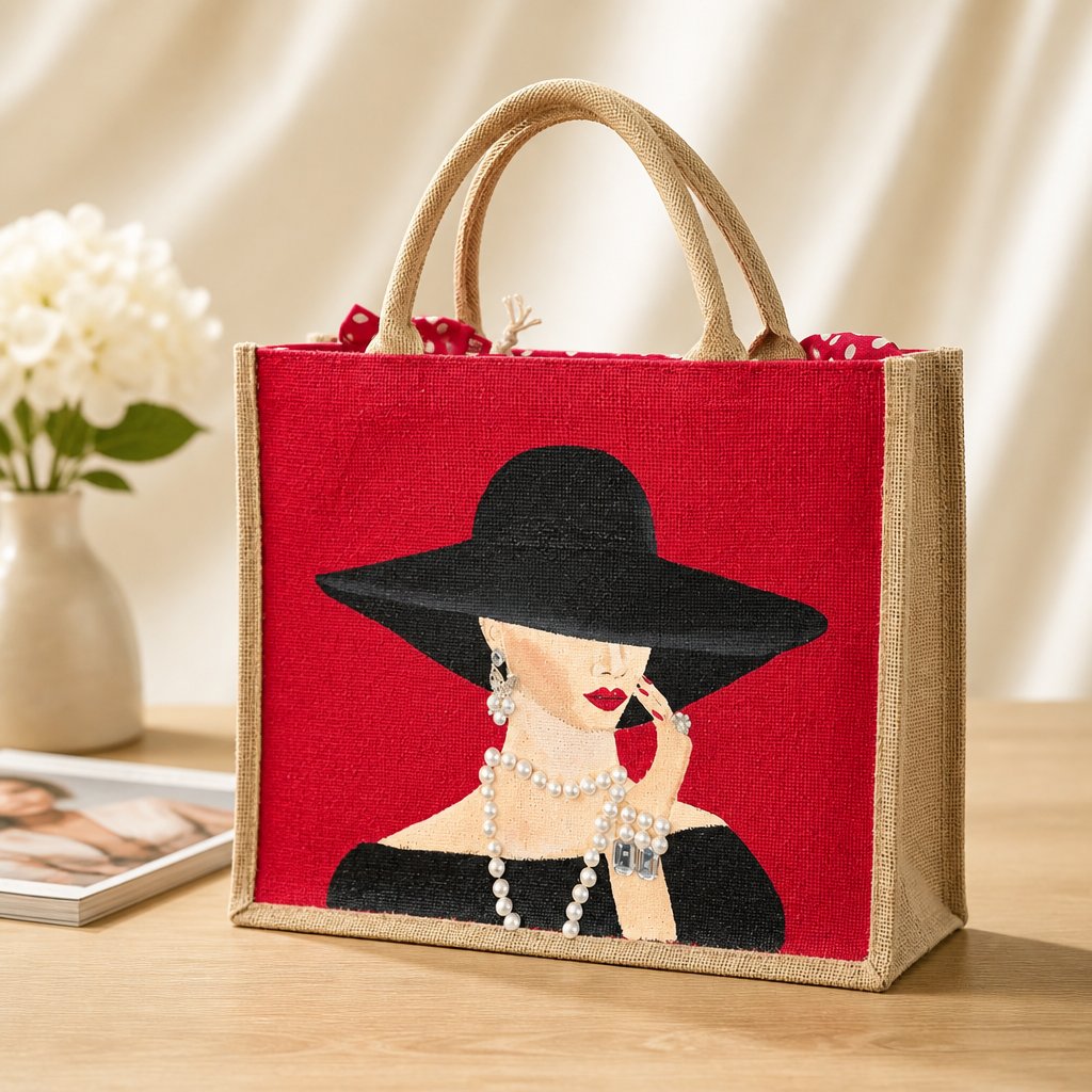 Hand-painted red jute tote bag featuring a sophisticated woman in a wide black hat with pearl jewelry and red lipstick, accented with dimensional embellishments on a bold red background.