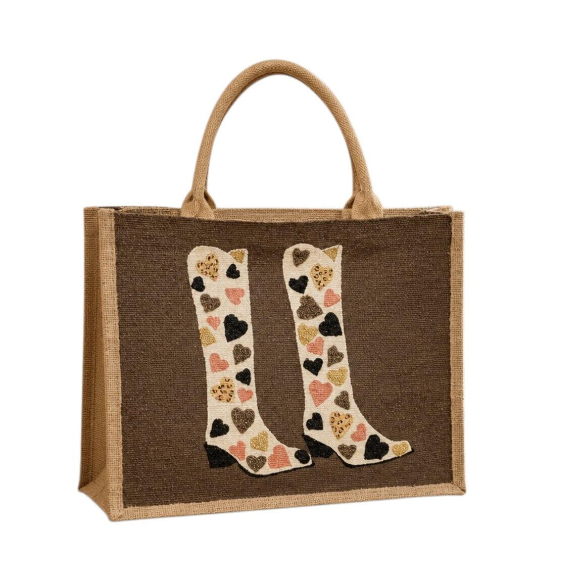 Hand-painted western-inspired jute tote bag featuring white cowboy boots decorated with heart designs in black, gold, blush pink, and leopard print accents. Neutral tote bag with a rich brown background and romantic rustic style details.