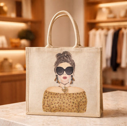 Hand-painted jute tote bag featuring a stylish woman with oversized black sunglasses, a leopard print off-the-shoulder top, statement earrings, and layered jewelry on a natural canvas background.