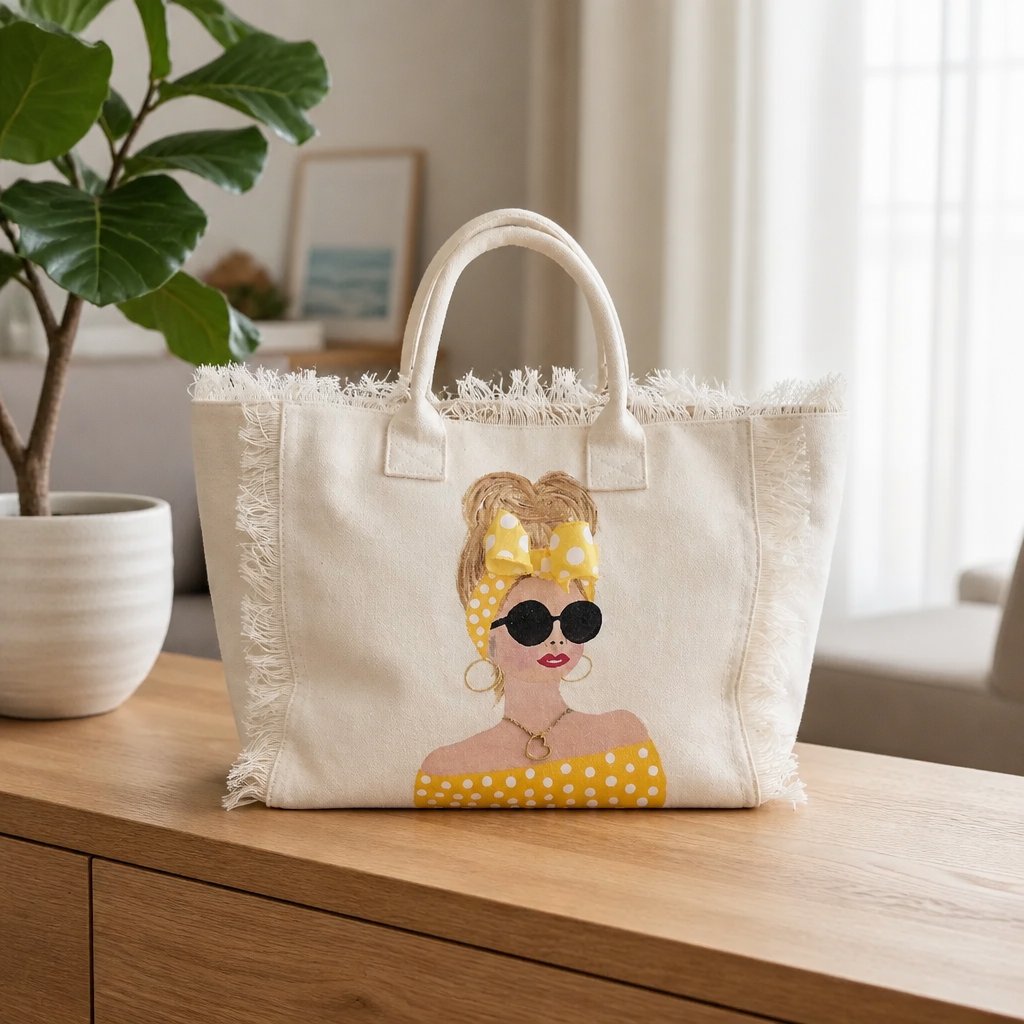 Lifestyle image of Sunshine Muse hand-painted fringed canvas tote with blonde woman in yellow polka dots and sunglasses