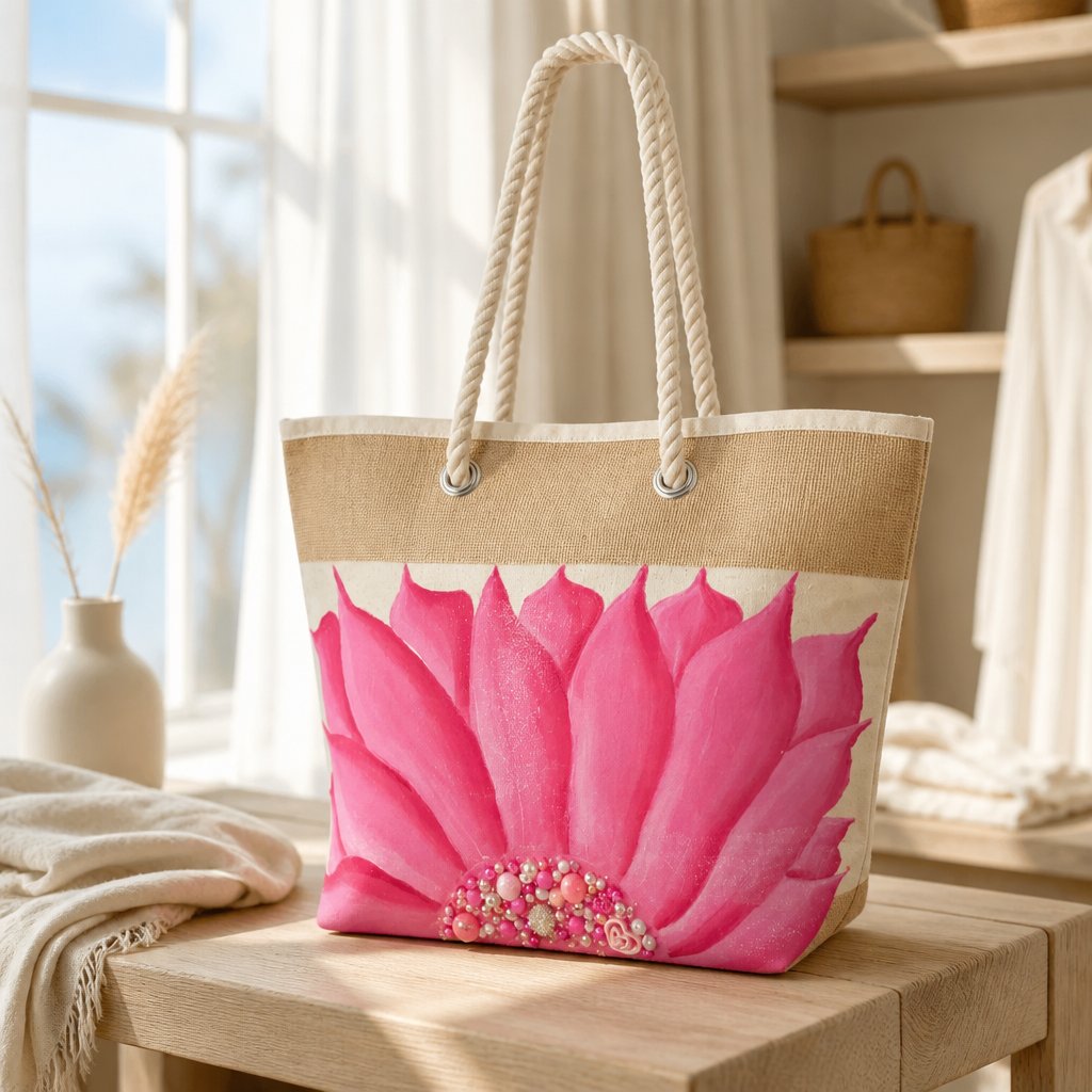 Hand-painted rope handle beach tote featuring a bold pink floral design with jeweled embellishments at the flower center, accented with natural jute trim and oversized cream rope handles against a neutral background.