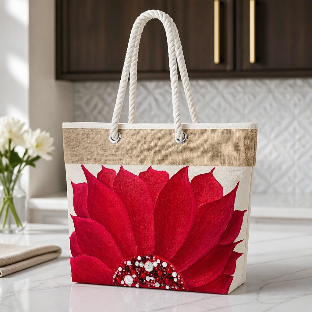 Hand-painted rope handle beach tote featuring a bold red floral design with jeweled embellishments at the flower center, accented with natural jute trim and oversized white rope handles against a neutral background.