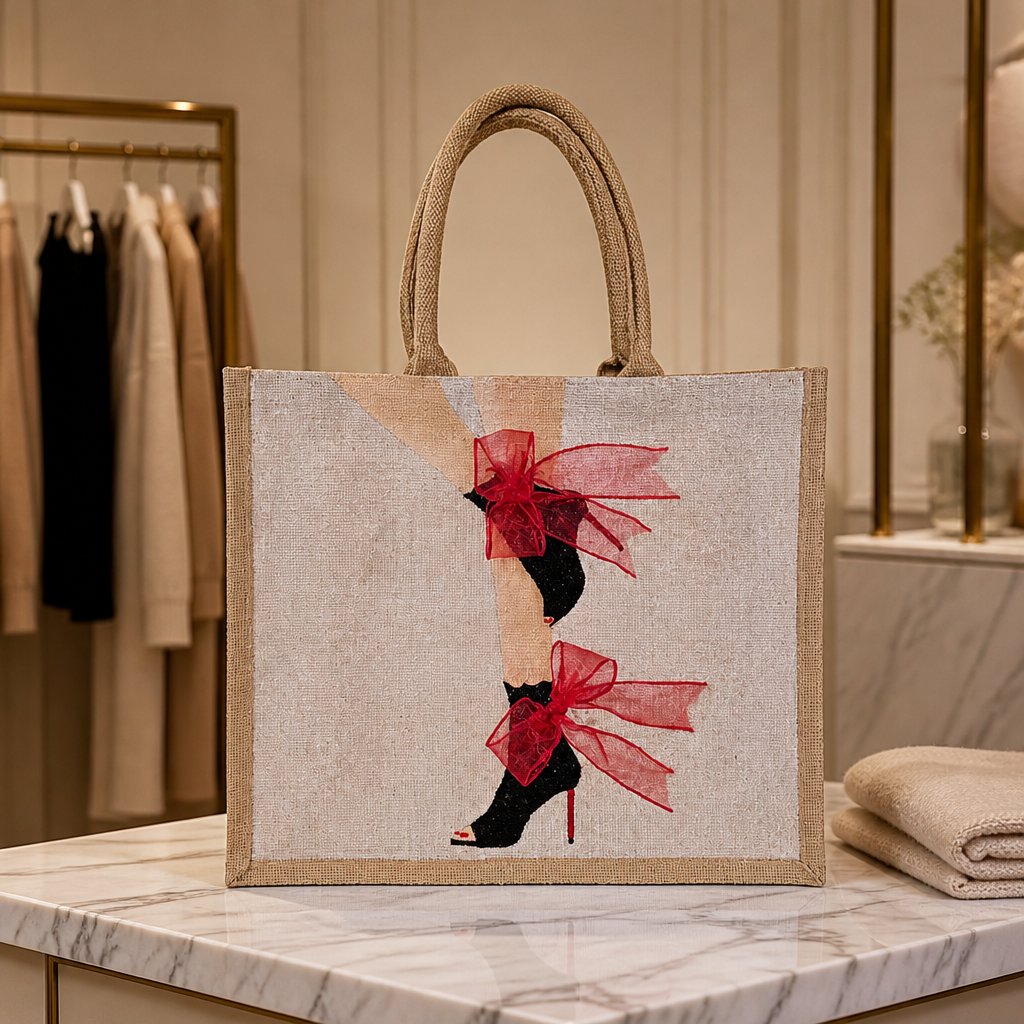 Hand-painted tote bag featuring black stiletto boots with dramatic red ribbon bows and glitter accents on a natural jute handbag.