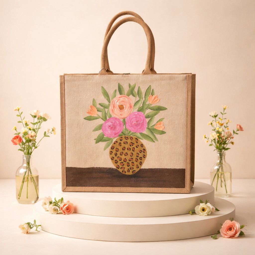 Hand-painted jute tote bag featuring pink and peach flowers arranged in a leopard print vase on a natural canvas background