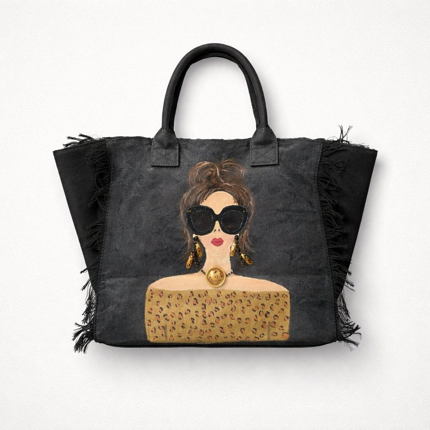 Hand-painted black fringed tote bag with glam sunglasses woman design and leopard print detail