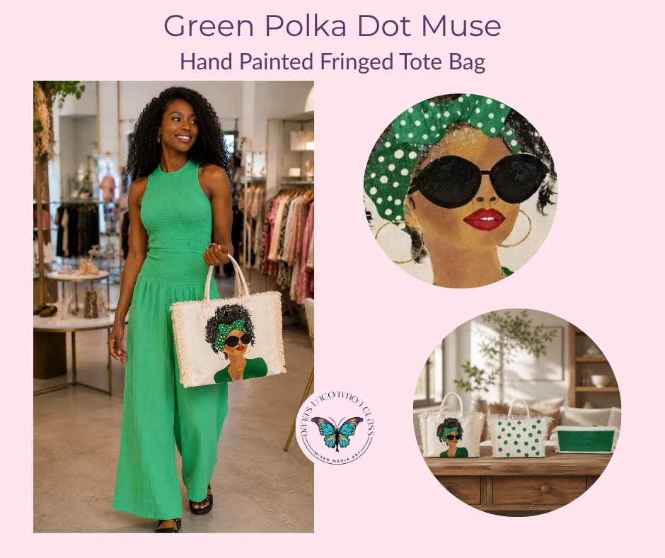 Green Polka Dot Muse hand-painted fringed tote bag shown with a fashion lifestyle image, portrait detail, and coordinating polka dot design views.