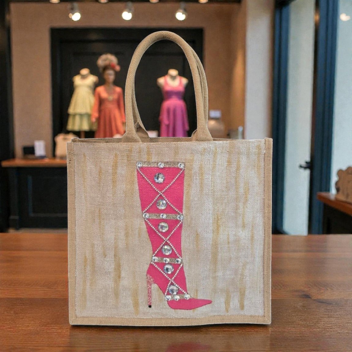 Hand-painted pink jeweled boot tote bag on a natural jute tote featuring sparkling crystal embellishments, a bright pink knee-high boot design, soft neutral background tones, and structured over-the-shoulder handles.