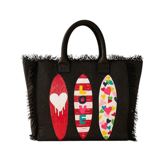 Hand-painted black fringed tote bag featuring three colorful surfboards with heart designs and the word “LOVE,” set against a neutral background.