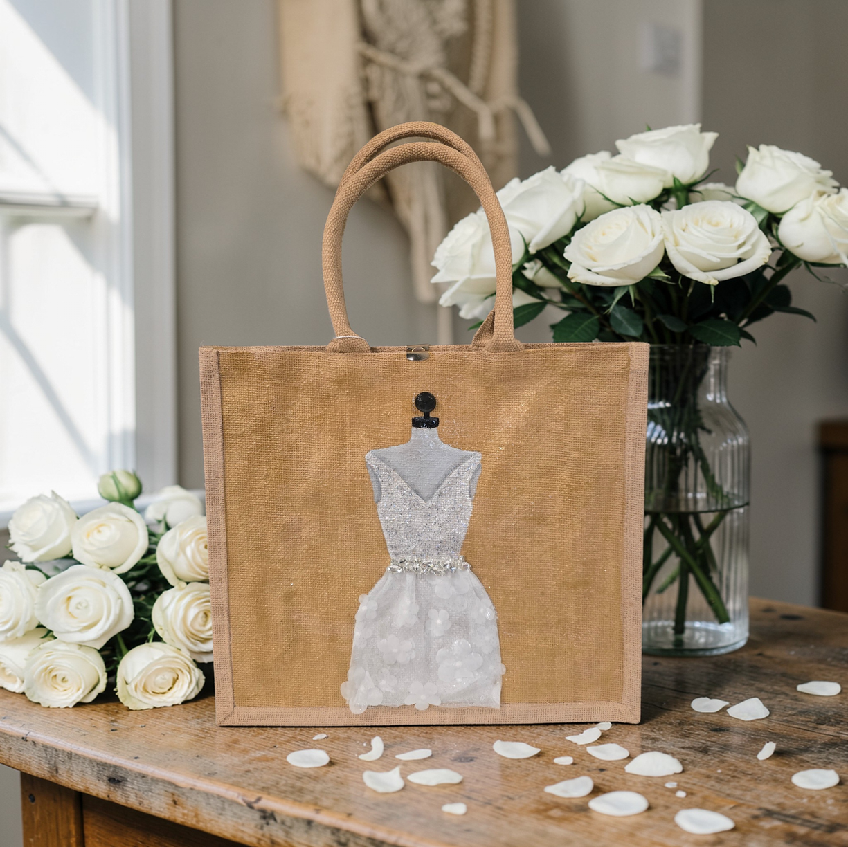 Hand-painted jute tote bag featuring an elegant white bridal dress with shimmering details on a natural canvas background