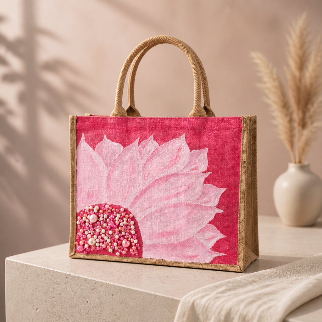 Hand-painted jute tote bag featuring a large soft pink flower with layered petals and a jeweled center, accented with pearl and bead embellishments on a vibrant pink background.