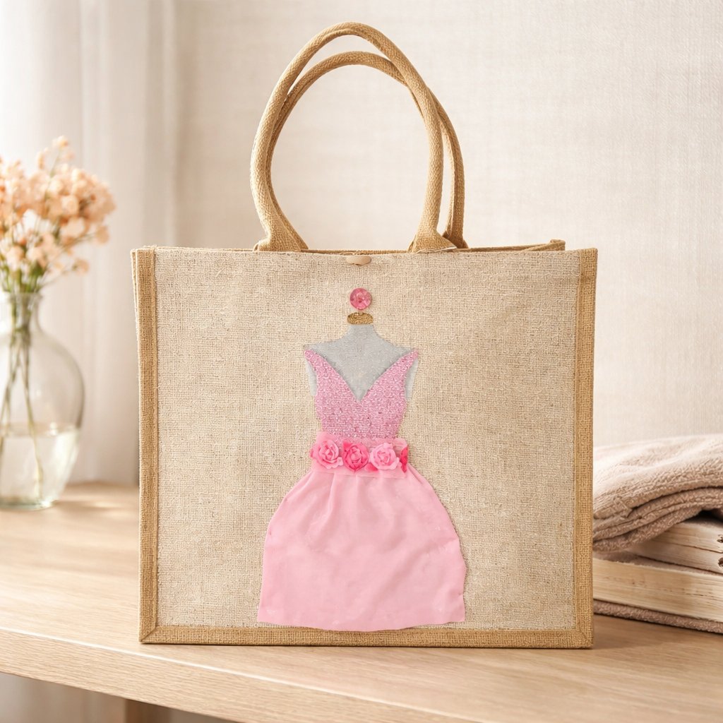 Hand-painted jute tote bag featuring a blush pink bridesmaid dress with floral details on a natural canvas background