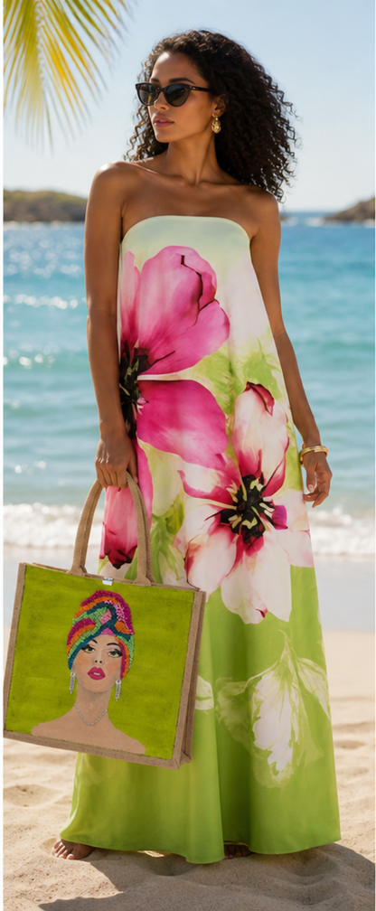 woman holding and-painted Vivid Muse tote bag featuring a stylish woman with a colorful beaded headwrap, bold makeup, and sparkling jewelry on a vibrant green background, a unique artistic fashion statement bag.