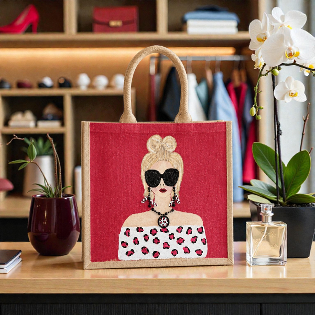 Hand-painted crimson red fashion tote bag with stylish woman illustration and leopard-inspired details on jute tote