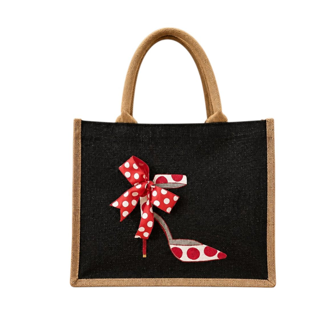 Hand-painted black jute shopper tote featuring a red and white polka dot stiletto shoe with a matching dimensional ribbon bow, designed as bold wearable fashion art.