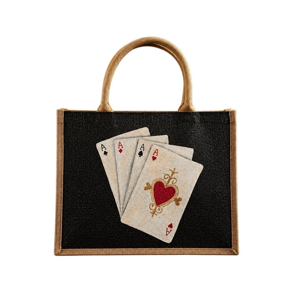 Hand-painted black jute tote bag featuring four aces playing cards with a red heart design, framed by natural burlap trim and rounded handles.