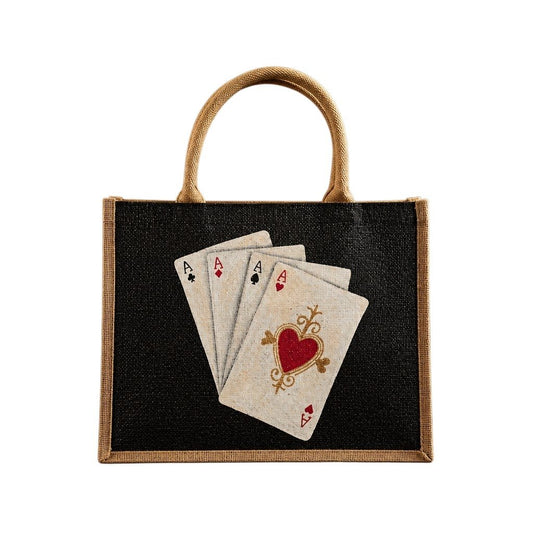 Hand-painted black jute tote bag featuring four aces playing cards with a red heart design, framed by natural burlap trim and rounded handles.