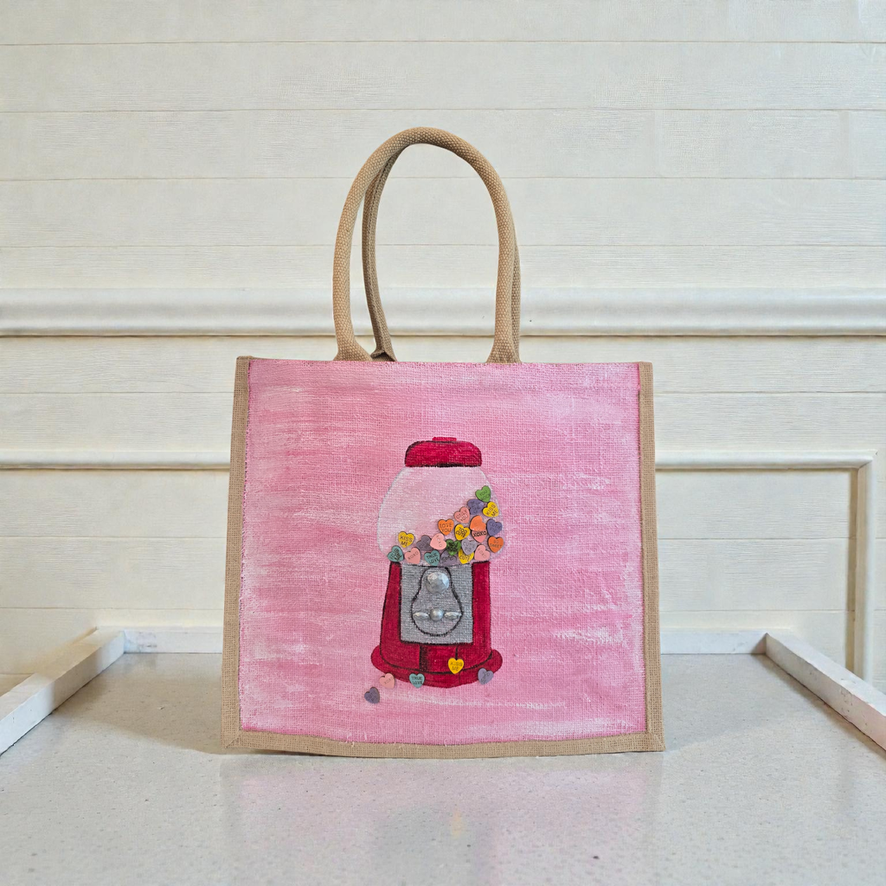 Heart Bubblegum Machine Tote Bag Haned Painted and Embellished by Dana's Uncommon Glass