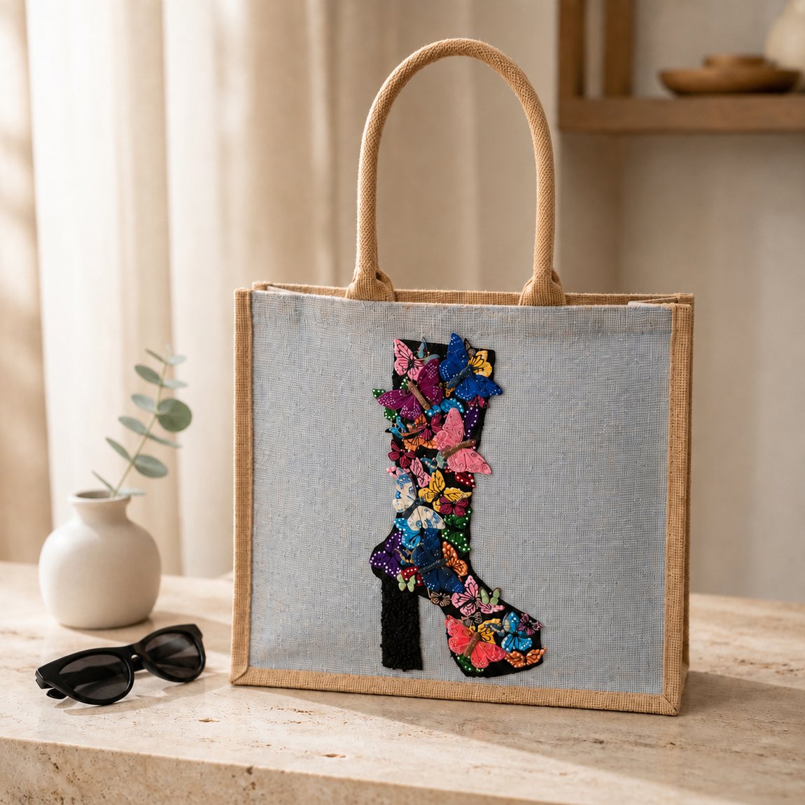 Hand-painted butterfly boot tote bag on soft blue jute canvas featuring a colorful floral and butterfly western boot design, photographed in a neutral boutique-inspired setting with modern styling accents.