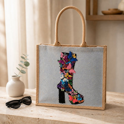 Hand-painted butterfly boot tote bag on soft blue jute canvas featuring a colorful floral and butterfly western boot design, photographed in a neutral boutique-inspired setting with modern styling accents.
