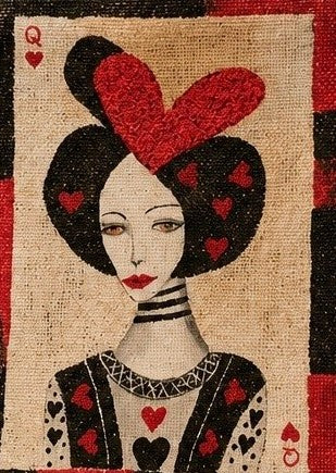 Close up of Hand-painted jute tote bag featuring a stylish Queen of Hearts illustration in black, red, and cream tones, accented with card suit details and natural burlap handles.
