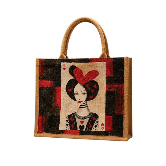 Hand-painted jute tote bag featuring a stylish Queen of Hearts illustration in black, red, and cream tones, accented with card suit details and natural burlap handles.
