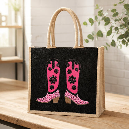 Pink and black jeweled cowboy boots hand-painted on a jute tote bag with leopard print details