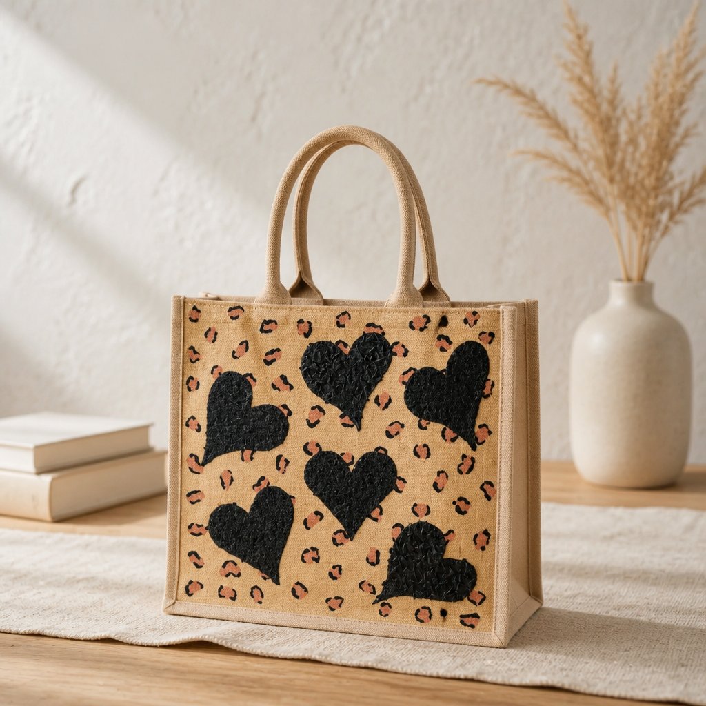 Hand-painted jute shopper bag featuring textured black hearts over a tan background with scattered leopard print accents and natural tan handles.