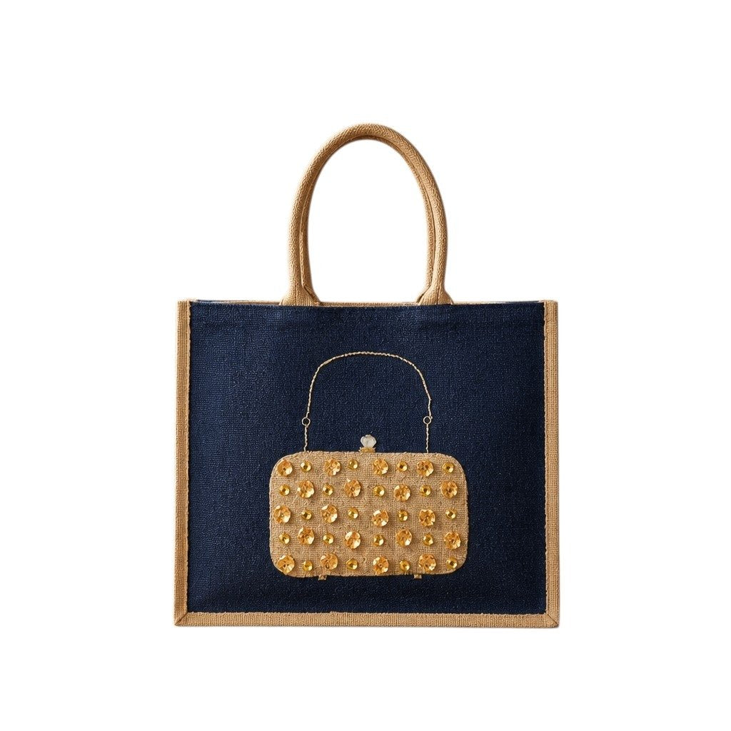 Hand-painted navy blue jute tote bag featuring an embellished vintage-style clutch purse design with sparkling gold jewel accents and dimensional details. Elegant fashion-inspired statement tote with natural jute trim, double handles, and magnetic snap closure. Perfect for dressy occasions, boutique fashion lovers, and unique handmade gift giving.