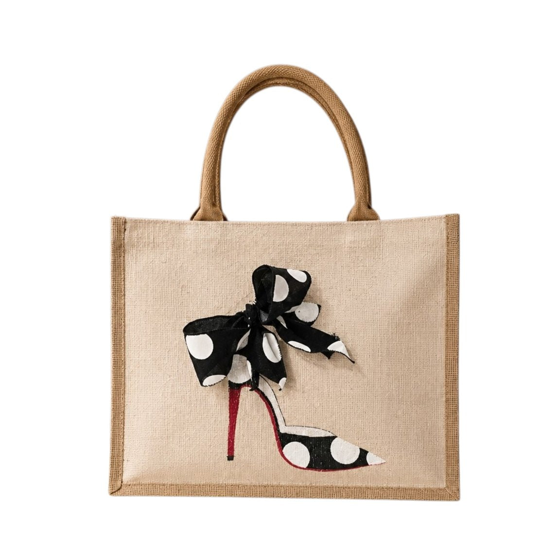 Hand-painted jute tote bag featuring a black-and-white polka dot stiletto shoe with a red sole and oversized black ribbon bow, accented with large white polka dots on a natural canvas background.