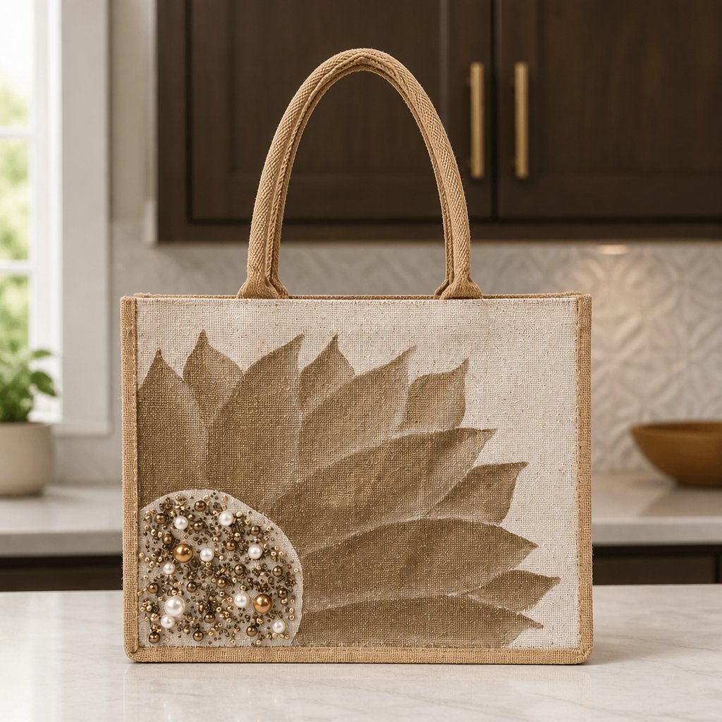 Hand-painted neutral sunflower tote bag featuring soft beige and taupe petals with pearl and gold jeweled embellishments at the flower center, accented with natural jute trim and rounded padded handles against a neutral background.