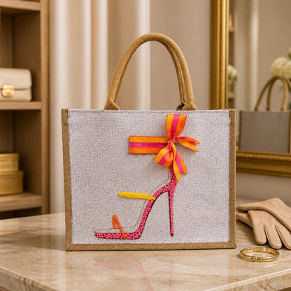 Hand-painted jute tote bag featuring a colorful pink, orange, and yellow embellished stiletto sandal with a striped bow detail and natural woven handles.