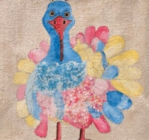Hand-Painted Whimsical Pastel Turkey Tote Bag