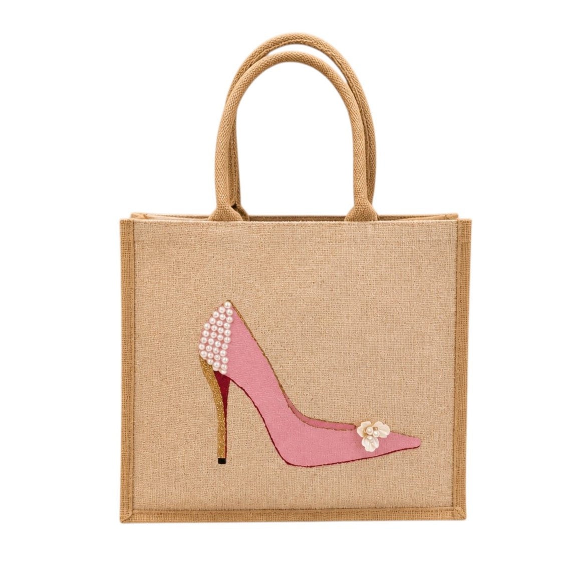 Hand-painted pink stiletto tote bag on natural jute canvas featuring pearl embellishments on the heel, a gold glitter heel accent, and delicate floral detail on the toe.