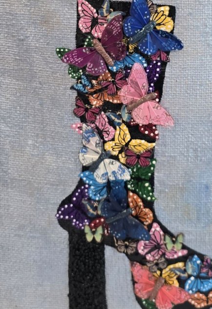 Close up of hand painted and embellished wings of style butterfly tote bag by Dana's Uncommon Glass
