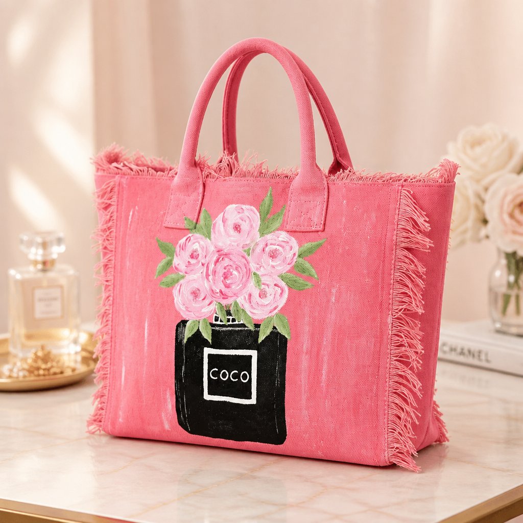 Pink fringed canvas tote bag featuring a hand-painted black perfume bottle vase filled with soft pink floral blooms and green leaves. The bag has textured fringe detailing along the edges, matching pink handles, and a feminine boutique-inspired design with playful artisan charm.