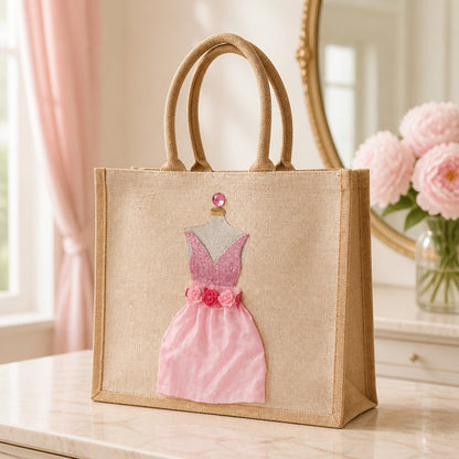 Hand-painted jute tote bag featuring a pink embellished cocktail dress design with floral waist details, rhinestone accents, and layered textured skirt on a natural canvas background.