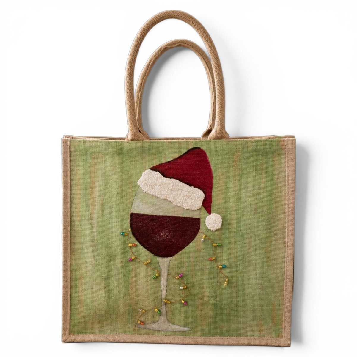 Hand-Painted Santa Hat Wine Glass Tote Bag