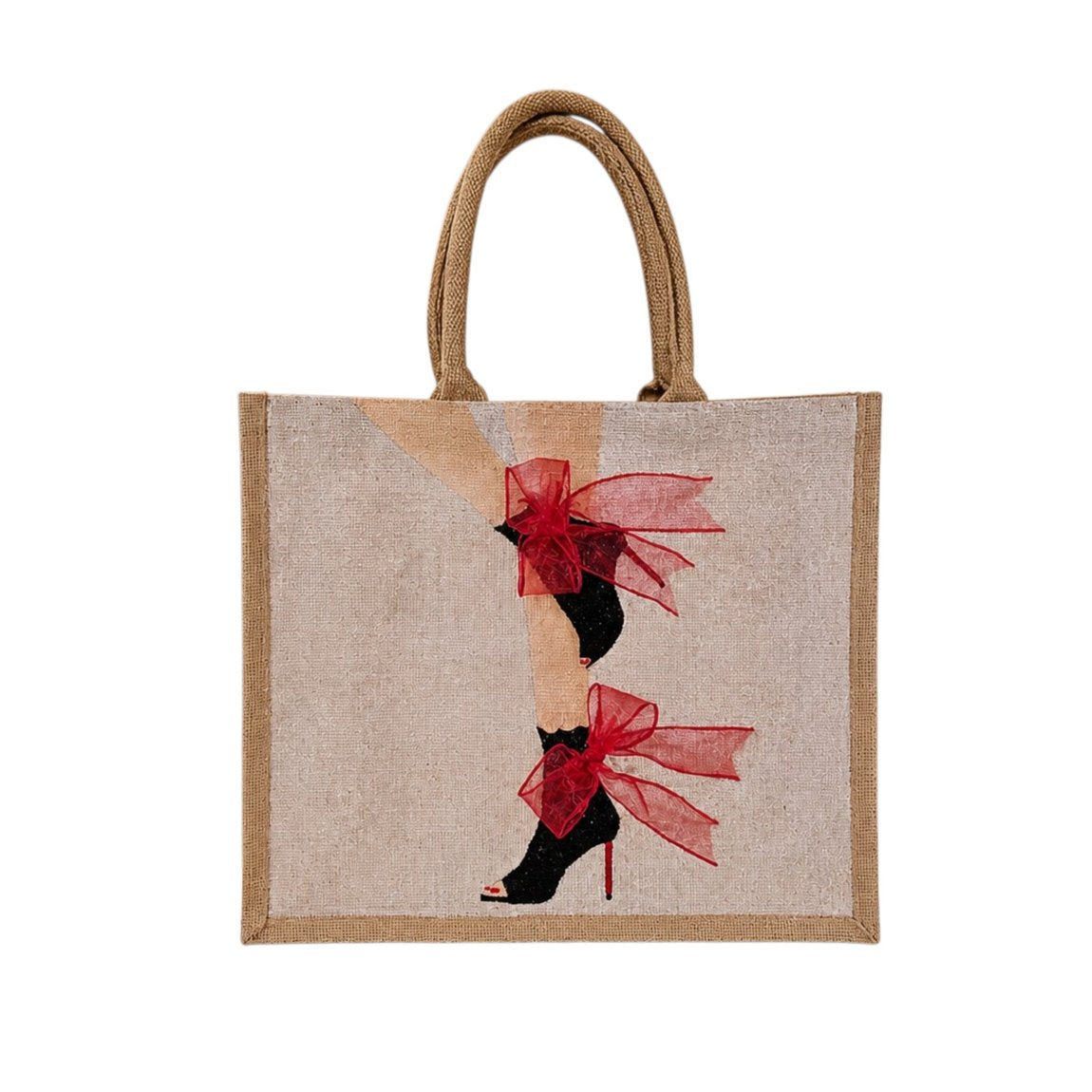 Hand-painted tote bag featuring black stiletto boots with dramatic red ribbon bows and glitter accents on a natural jute handbag.