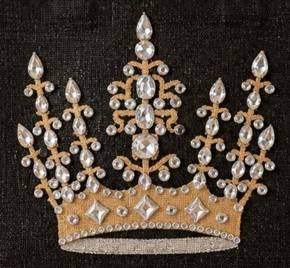 Close up of Hand-painted black jute tote bag featuring an ornate gold crown design embellished with sparkling rhinestones and crystal accents, finished with natural burlap handles and trim.