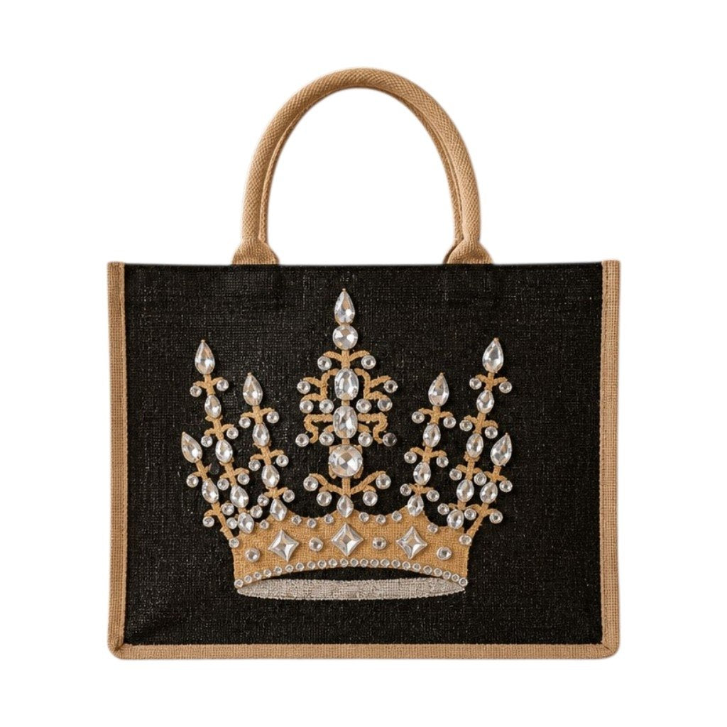 Hand-painted black jute tote bag featuring an ornate gold crown design embellished with sparkling rhinestones and crystal accents, finished with natural burlap handles and trim.