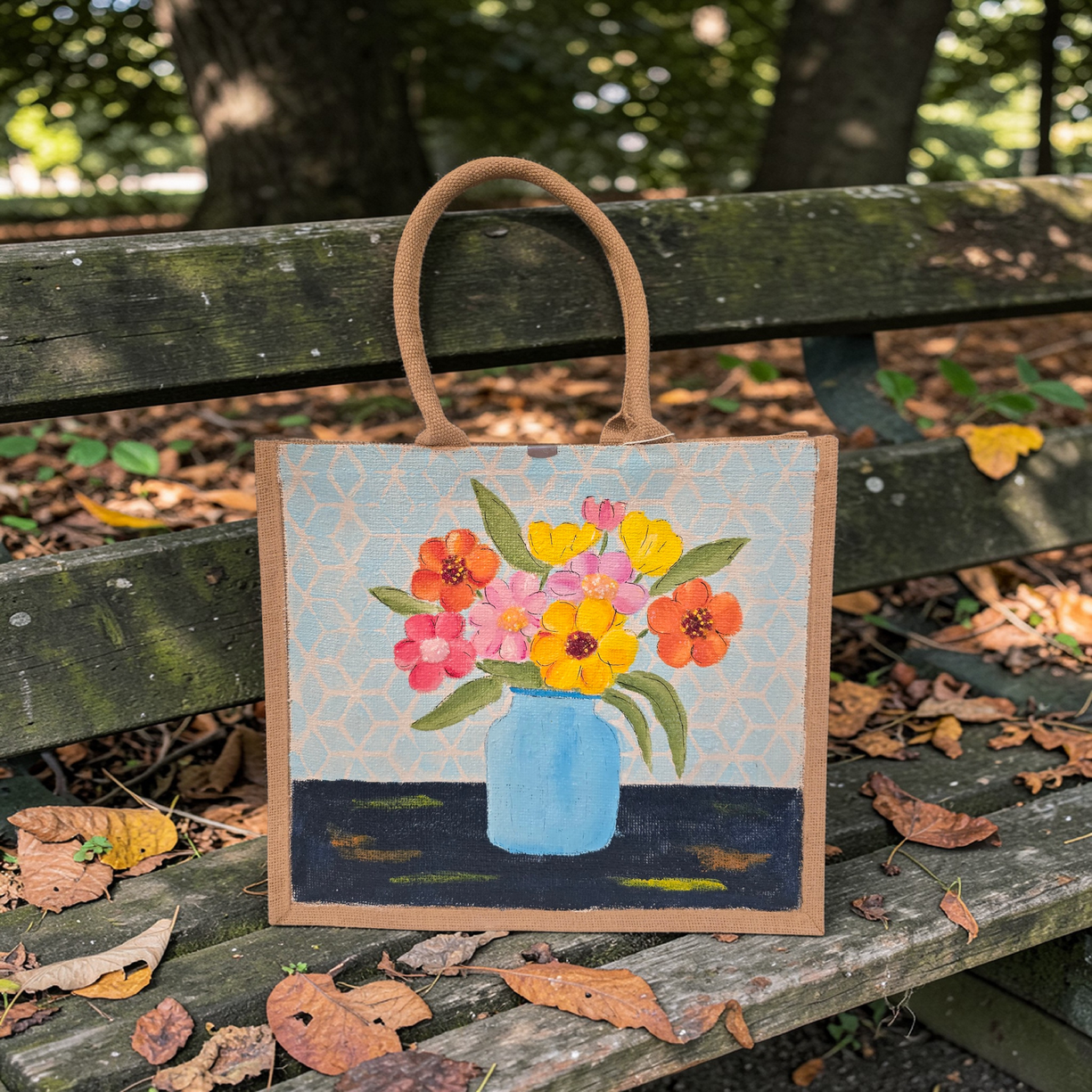 Hand-painted jute tote bag featuring colorful flowers in a blue vase against a light patterned background