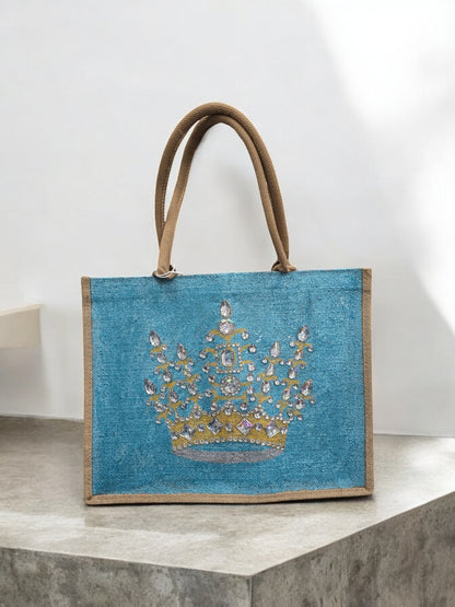 gold crown tote bag, metallic turquoise tote bag, queen tote bag, princess tote bag, beaded crown jute bag, eco-friendly tote