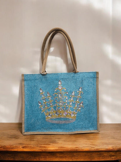gold crown tote bag, metallic turquoise tote bag, queen tote bag, princess tote bag, beaded crown jute bag, eco-friendly tote